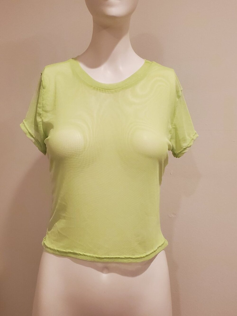 Just Polly New York Womens Size M Lime Green Sheer Mesh Crop Top Tee Made in USA